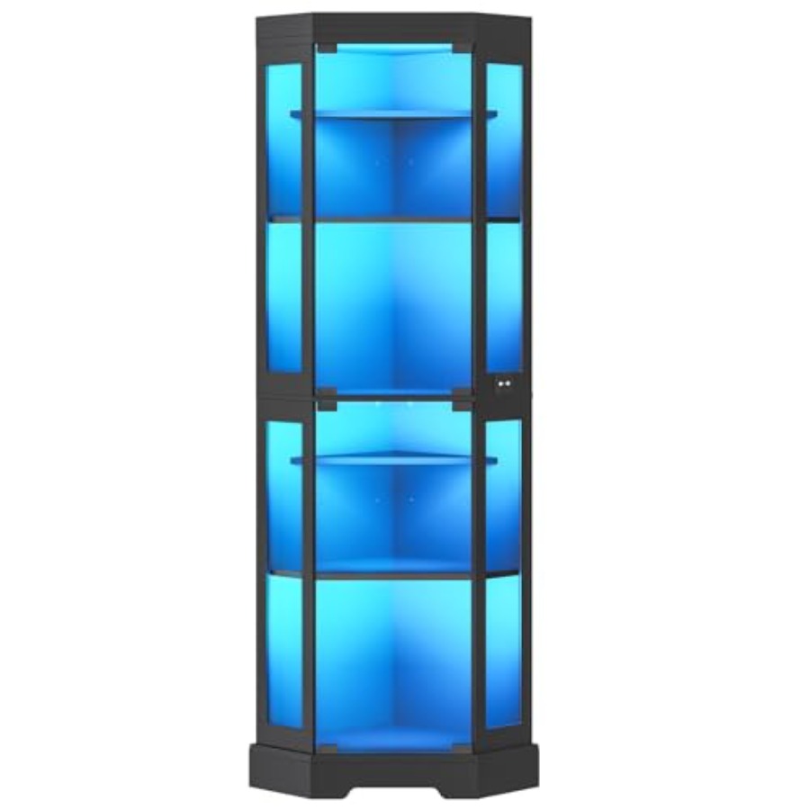 Glass Cabinet Display - Temperli cam kapaklı köşe vitrin, siyah